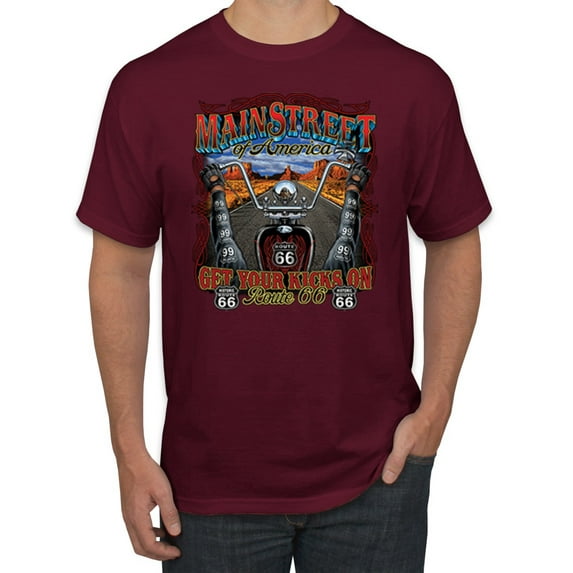 Wild Bobby, Main Street of America Route 66 Bike Motorcycle Cars and Trucks Men's Graphic T-Shirt, Maroon, Small