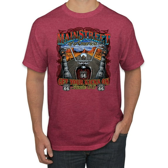 Wild Bobby, Main Street of America Route 66 Bike Motorcycle Cars and Trucks Men's Graphic T-Shirt, Vintage Heather Red, X-Large