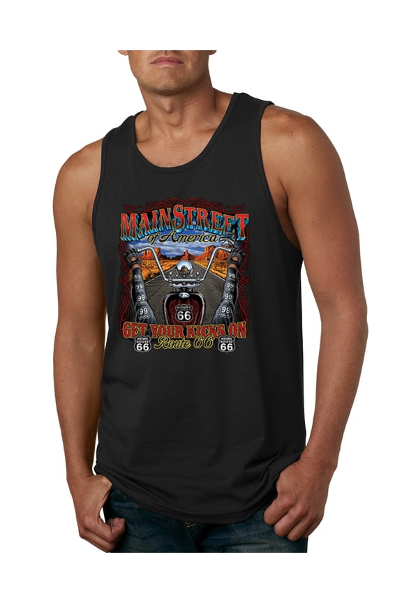 , Main Street of America Route 66 Bike Motorcycle Cars and Trucks Mens Graphic Tank Top, Black, Small
