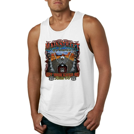 Wild Bobby, Main Street of America Route 66 Bike Motorcycle Cars and Trucks Mens Graphic Tank Top, White, 3XL