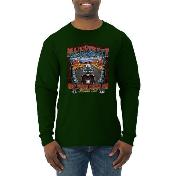 Wild Bobby, Main Street of America Route 66 Bike Motorcycle Cars and Trucks Mens Long Sleeve Shirt, Forest Green, 3XL