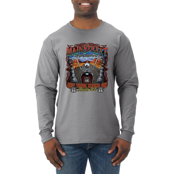 Wild Bobby, Main Street of America Route 66 Bike Motorcycle Cars and Trucks Mens Long Sleeve Shirt, Heather Grey, X-Large