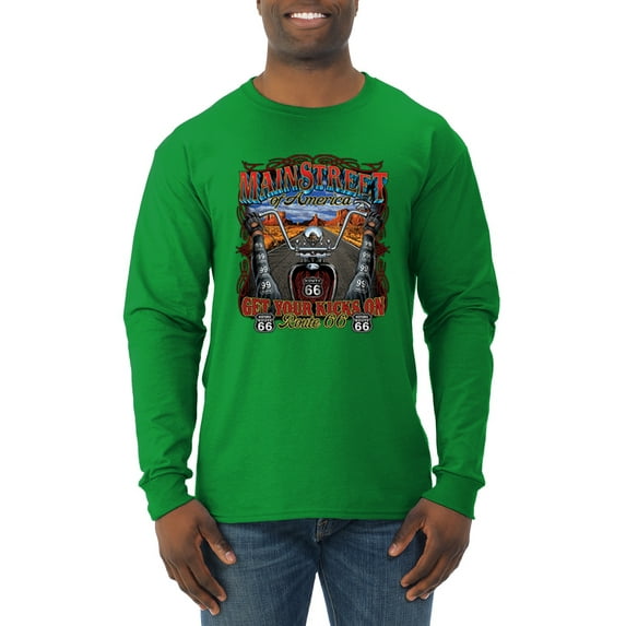 Wild Bobby, Main Street of America Route 66 Bike Motorcycle Cars and Trucks Mens Long Sleeve Shirt, Kelly, 2XL