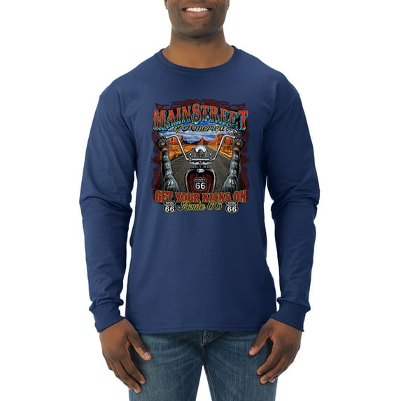 Wild Bobby, Main Street of America Route 66 Bike Motorcycle Cars and Trucks Mens Long Sleeve Shirt, Navy, X-Large