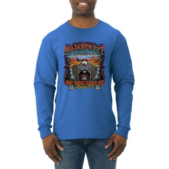 Wild Bobby, Main Street of America Route 66 Bike Motorcycle Cars and Trucks Mens Long Sleeve Shirt, Royal, Large