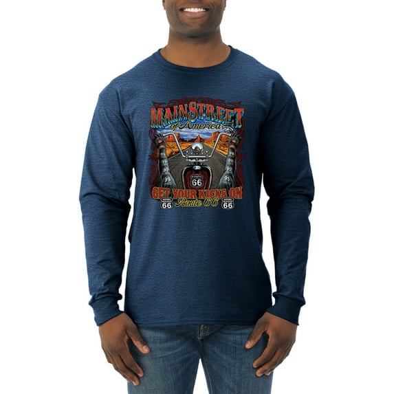 Wild Bobby, Main Street of America Route 66 Bike Motorcycle Cars and Trucks Mens Long Sleeve Shirt, Vintage Heather Navy, 2XL