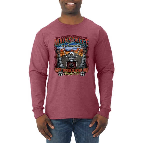Wild Bobby, Main Street of America Route 66 Bike Motorcycle Cars and Trucks Mens Long Sleeve Shirt, Vintage Heather Red, X-Large