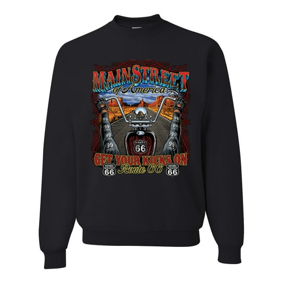 Wild Bobby, Main Street of America Route 66 Bike Motorcycle Cars and Trucks Unisex Crewneck Graphic Sweatshirt, Black, Small