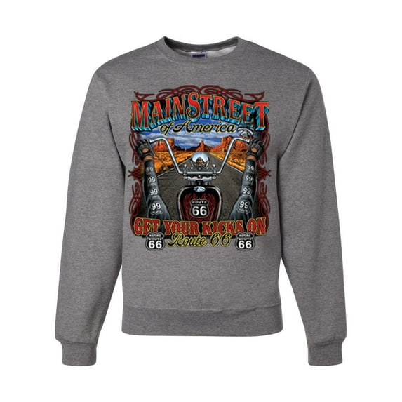 Wild Bobby, Main Street of America Route 66 Bike Motorcycle Cars and Trucks Unisex Crewneck Graphic Sweatshirt, Heather Grey, Large