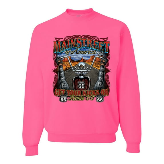 Wild Bobby, Main Street of America Route 66 Bike Motorcycle Cars and Trucks Unisex Crewneck Graphic Sweatshirt, Neon Pink, Small