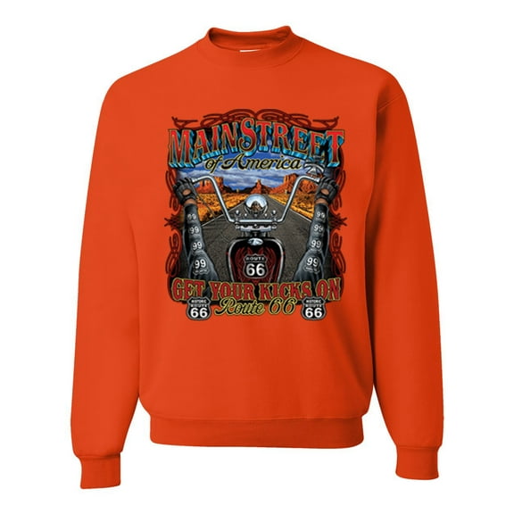 Wild Bobby, Main Street of America Route 66 Bike Motorcycle Cars and Trucks Unisex Crewneck Graphic Sweatshirt, Orange, Medium