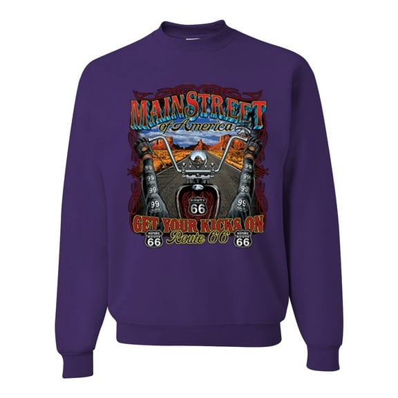 Wild Bobby, Main Street of America Route 66 Bike Motorcycle Cars and Trucks Unisex Crewneck Graphic Sweatshirt, Purple, 2XL