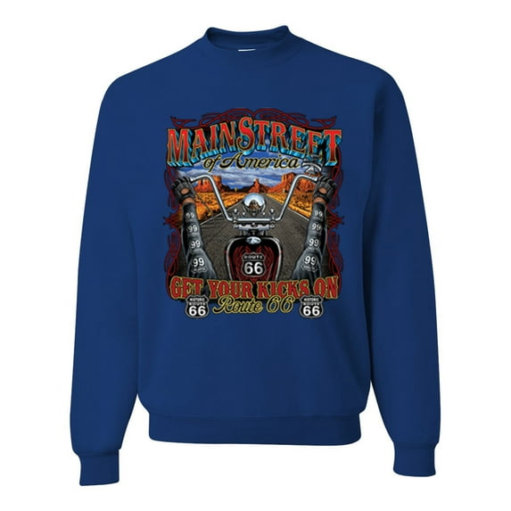 Wild Bobby, Main Street of America Route 66 Bike Motorcycle Cars and Trucks Unisex Crewneck Graphic Sweatshirt, Royal, Medium