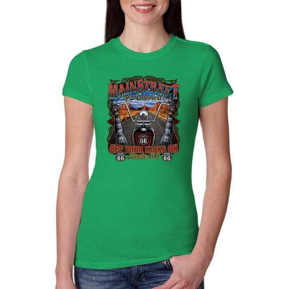 Wild Bobby, Main Street of America Route 66 Bike Motorcycle Cars and Trucks Womens Slim Fit Junior Tee, Kelly, Medium