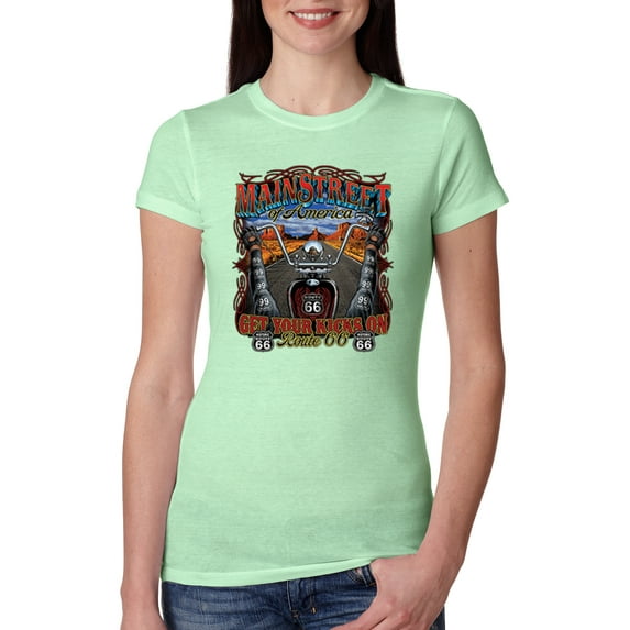 Wild Bobby, Main Street of America Route 66 Bike Motorcycle Cars and Trucks Womens Slim Fit Junior Tee, Mint, Medium