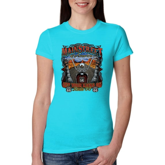 Wild Bobby, Main Street of America Route 66 Bike Motorcycle Cars and Trucks Womens Slim Fit Junior Tee, Tahiti Blue, 2XL