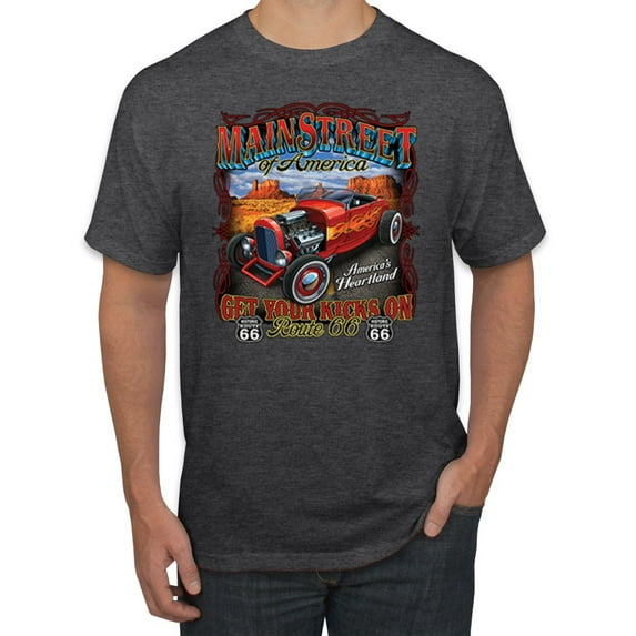 Main Street of America Route 66 Hot Rod Cars and Trucks Men's Graphic T-Shirt, Heather Black, Small