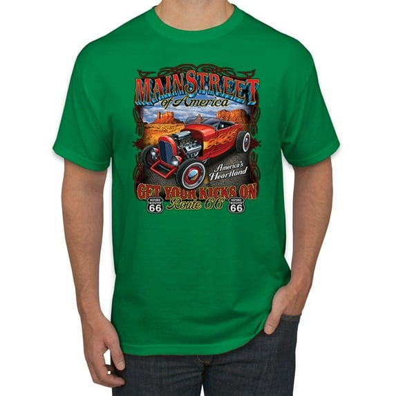Main Street of America Route 66 Hot Rod Cars and Trucks Men's Graphic T-Shirt, Kelly, X-Large
