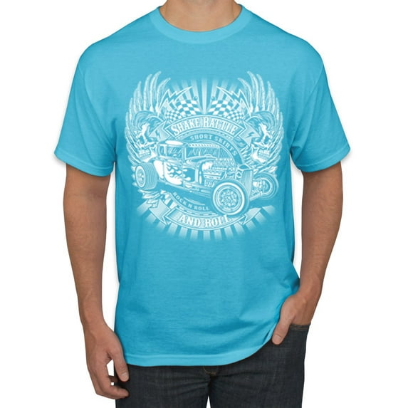 Wild Bobby, Main Street of America Route 66 Hot Rod Cars and Trucks Men's Graphic T-Shirt, Light Turquoise, 2XL