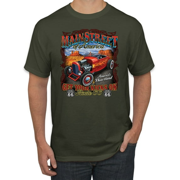 Main Street of America Route 66 Hot Rod Cars and Trucks Men's Graphic T-Shirt, Military Green, Medium