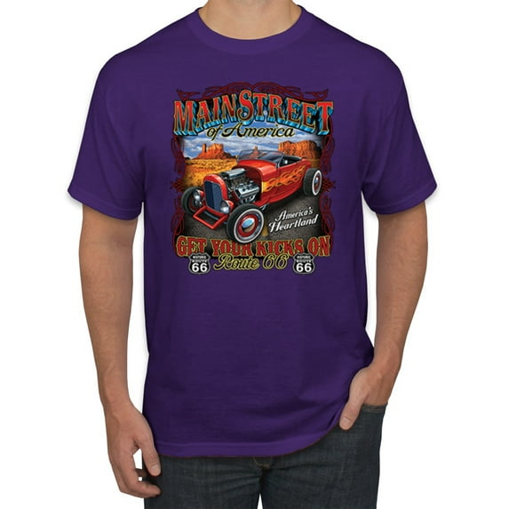 Main Street of America Route 66 Hot Rod Cars and Trucks Men's Graphic T-Shirt, Purple, 2XL