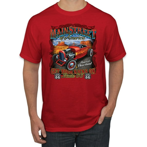 Main Street of America Route 66 Hot Rod Cars and Trucks Men's Graphic T-Shirt, Red, 4XL
