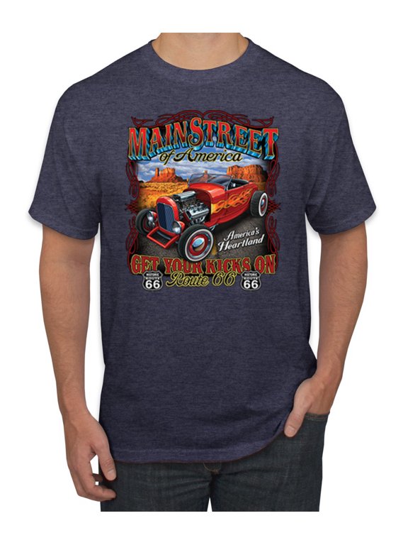 Main Street of America Route 66 Hot Rod Cars and Trucks Men's Graphic T-Shirt, Vintage Heather Navy, 4XL