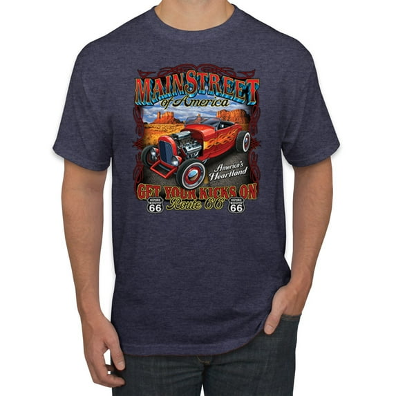 Main Street of America Route 66 Hot Rod Cars and Trucks Men's Graphic T-Shirt, Vintage Heather Navy, Small