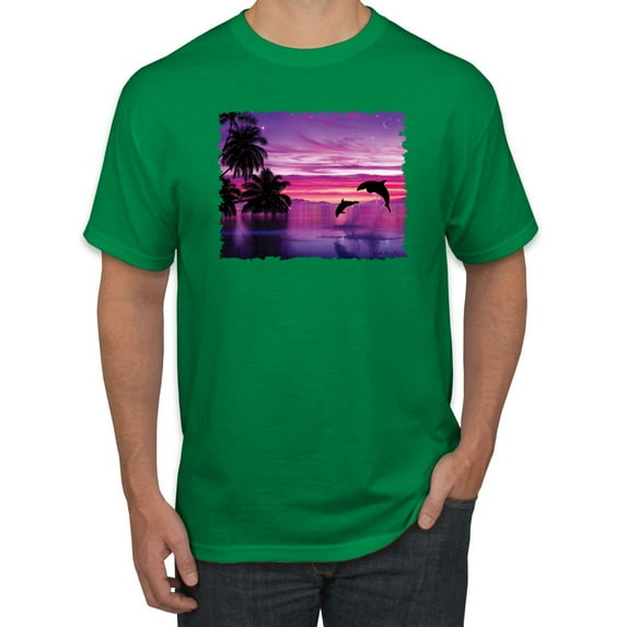 Wild Bobby, Majestic Dolphins Jumping During Sunset, Animal Lover, Men Graphic Tees, Kelly, Large