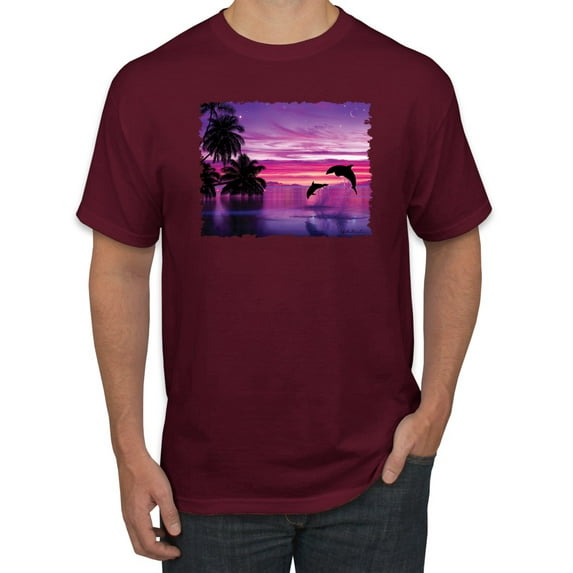Wild Bobby, Majestic Dolphins Jumping During Sunset, Animal Lover, Men Graphic Tees, Maroon, 2XL
