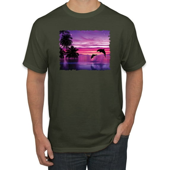Wild Bobby, Majestic Dolphins Jumping During Sunset, Animal Lover, Men Graphic Tees, Military Green, Small