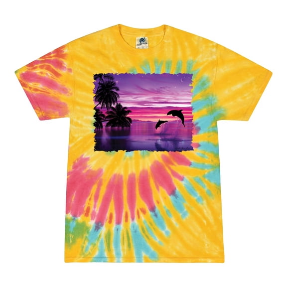Wild Bobby, Majestic Dolphins Jumping During Sunset, Animal Lover, Tie-Dye Tees, Aurora, Medium