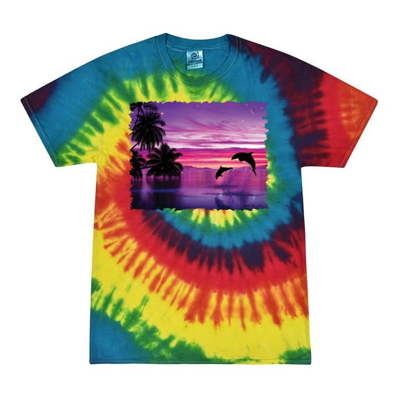 Wild Bobby, Majestic Dolphins Jumping During Sunset, Animal Lover, Tie-Dye Tees, Reactive Rainbow, Medium