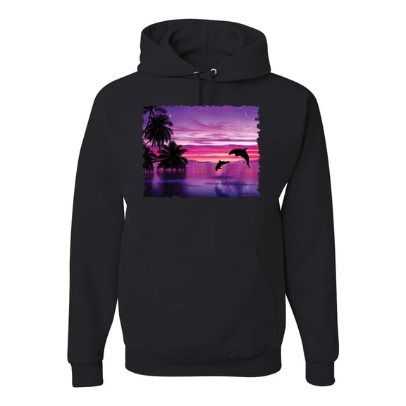 Wild Bobby, Majestic Dolphins Jumping During Sunset, Animal Lover, Unisex Graphic Hoodie Sweatshirt, Black, 2XL