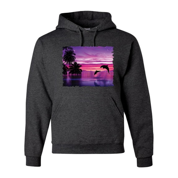 Wild Bobby, Majestic Dolphins Jumping During Sunset, Animal Lover, Unisex Graphic Hoodie Sweatshirt, Heather Black, X-Large