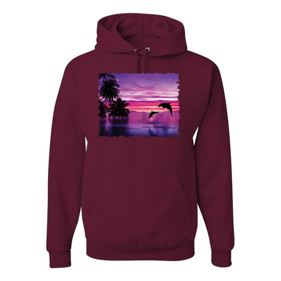 Wild Bobby, Majestic Dolphins Jumping During Sunset, Animal Lover, Unisex Graphic Hoodie Sweatshirt, Maroon, Large