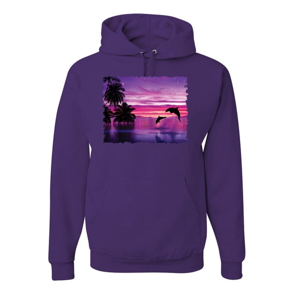Wild Bobby, Majestic Dolphins Jumping During Sunset, Animal Lover, Unisex Graphic Hoodie Sweatshirt, Purple, X-Large