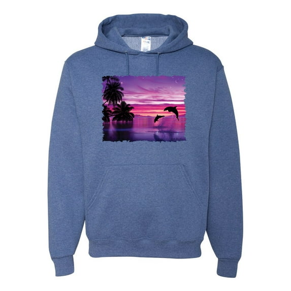 Wild Bobby, Majestic Dolphins Jumping During Sunset, Animal Lover, Unisex Graphic Hoodie Sweatshirt, Vintage Heather Blue, 3XL
