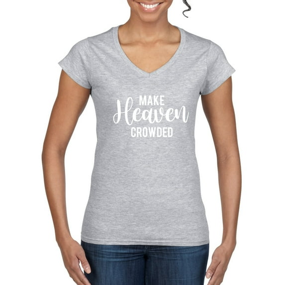 Wild Bobby Make Heaven Crowded Inspirational/Christian Women Standard V-Neck Tee, Heather Grey, Small