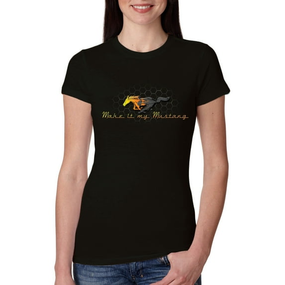 Wild Bobby, Make It My Mustang Vintage Ford Honeycomb, Cars and Trucks, Women Slim Fit Junior Tee, Black, Medium