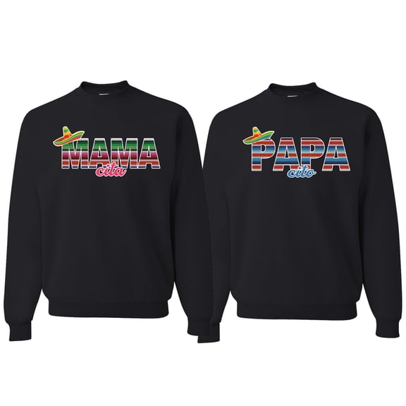 Wild Bobby, Mama Cita Papa Cito Mexican Spanish Latino His/Her Couples/ Best Friends Matching Couples Crewneck Sweater, Black, Mens S-Womens S