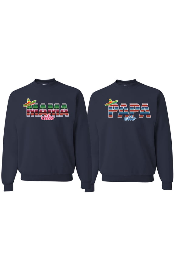 , Mama Cita Papa Cito Mexican Spanish Latino His/Her Couples/ Best Friends Matching Couples Crewneck Sweater, Navy, Mens M-Womens 2XL