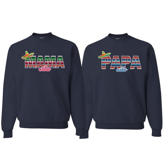 Wild Bobby, Mama Cita Papa Cito Mexican Spanish Latino His/Her Couples/ Best Friends Matching Couples Crewneck Sweater, Navy, Mens M-Womens L