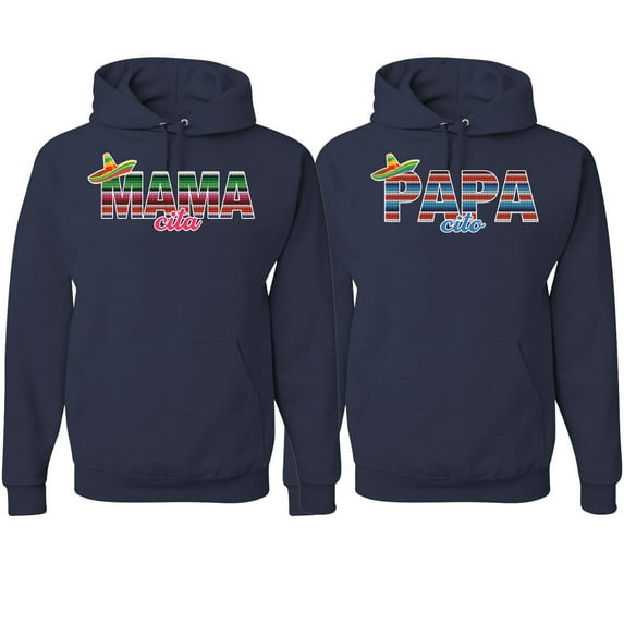 Wild Bobby, Mama Cita Papa Cito Mexican Spanish Latino His/Her Couples/ Best Friends Matching Couples Hoodie, Navy, Mens L-Womens 2XL