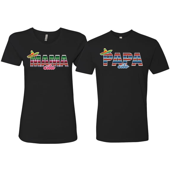 Wild Bobby, Mama Cita Papa Cito Mexican Spanish Latino His/Her Couples/ Best Friends Matching Couples Tee, Black, Mens M-Womens 2XL
