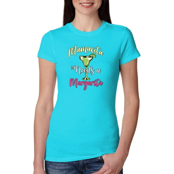 Wild Bobby, Mamacita Needs a Margarita Mother's Day Womens Slim Fit Junior Tee, Tahiti Blue, Large