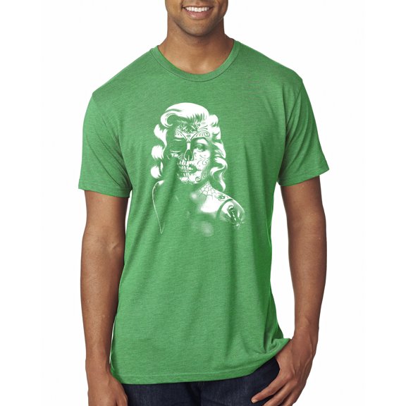 Wild Bobby, Manilyn Monroe Skull Face and Body Tattoo | Mens Pop Culture Premium Tri Blend T-Shirt, Envy, Medium