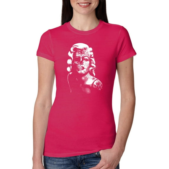 Wild Bobby, Manilyn Monroe Skull Face and Body Tattoo | Womens Pop Culture Slim Fit Junior Tee, Raspberry, Large