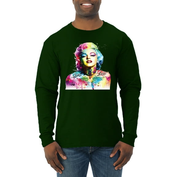 Wild Bobby Marilyn Monroe Multicolor Pop Art Pop Culture Men Long Sleeve Shirt, Forest Green, X-Large
