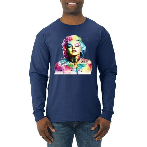 Wild Bobby Marilyn Monroe Multicolor Pop Art Pop Culture Men Long Sleeve Shirt, Navy, XX-Large
